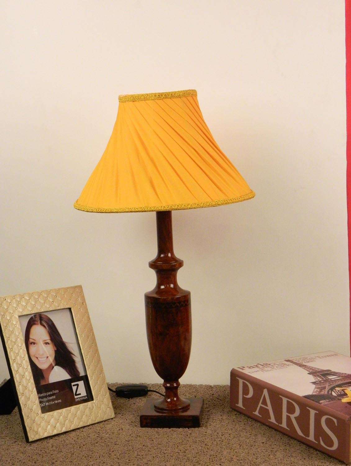 mango wood classic table lamp with pleated shade- yellow