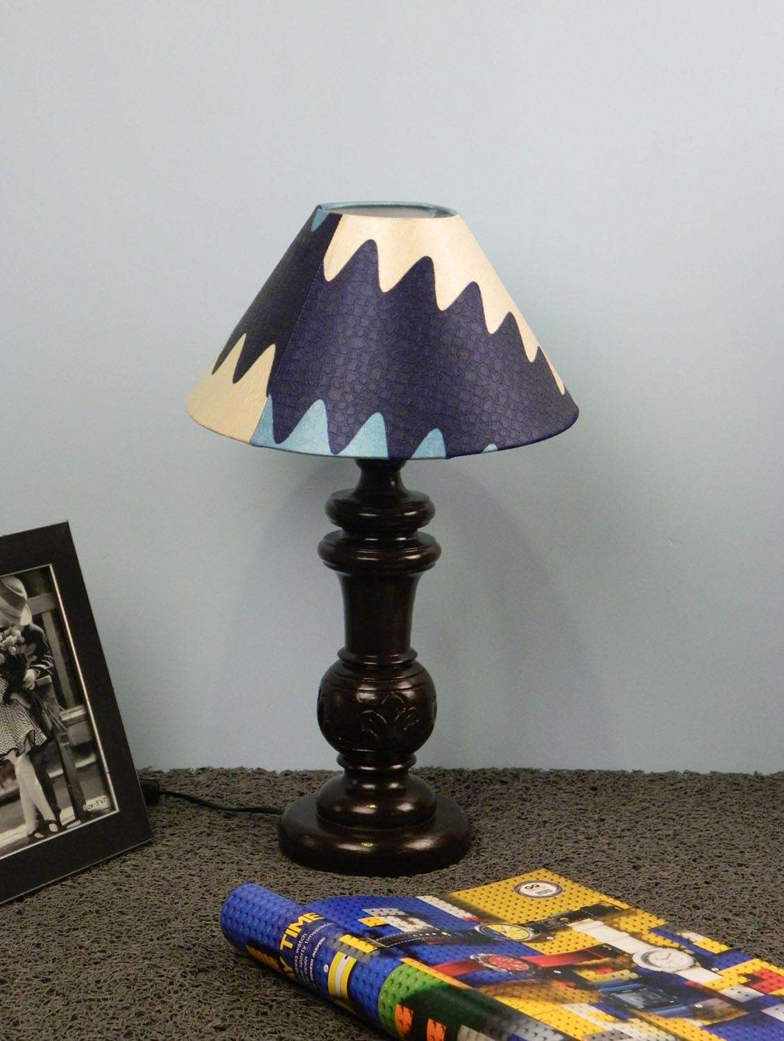 mango wood dark brown classic table lampwith 10" pyramid shade-blueish