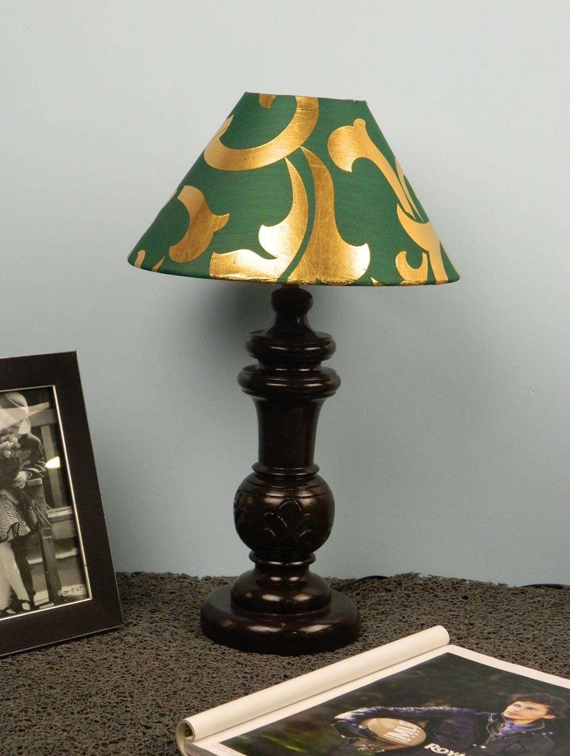 mango wood dark brown classy  table lampwith 10" pryamid shade-green gold