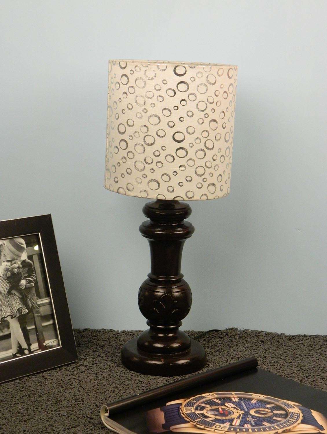 mango wood dark brown classy  table lampwith 7" circular drum shade-silver white