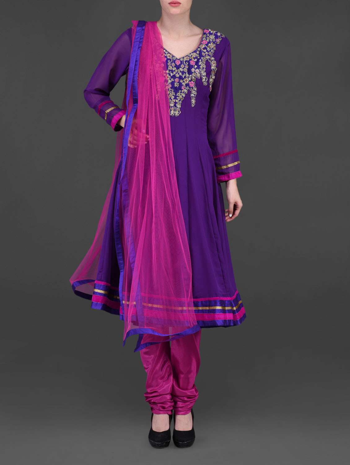 embellished purple stitched anarkali suit