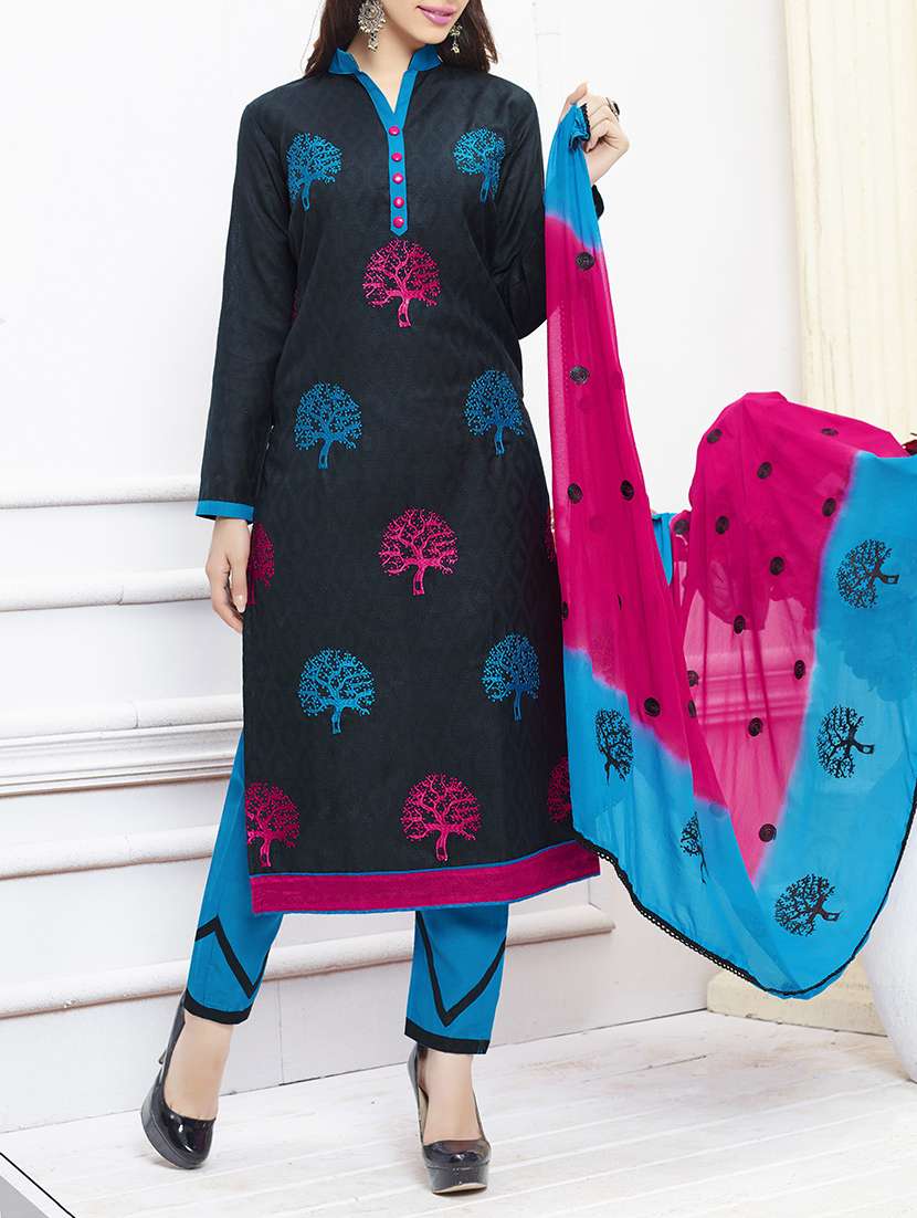 Black cotton blend embroidered unstitched suit