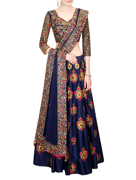 navy blue silk embroidered flared lehenga