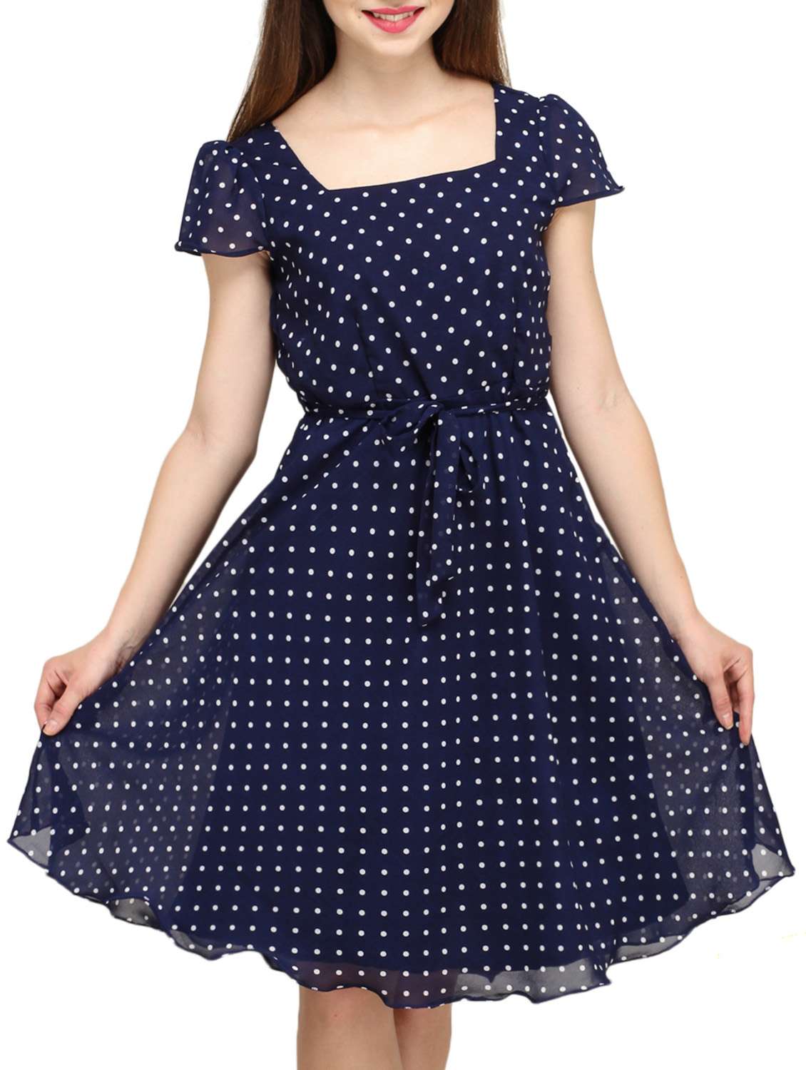 blue polka dot print a line dress