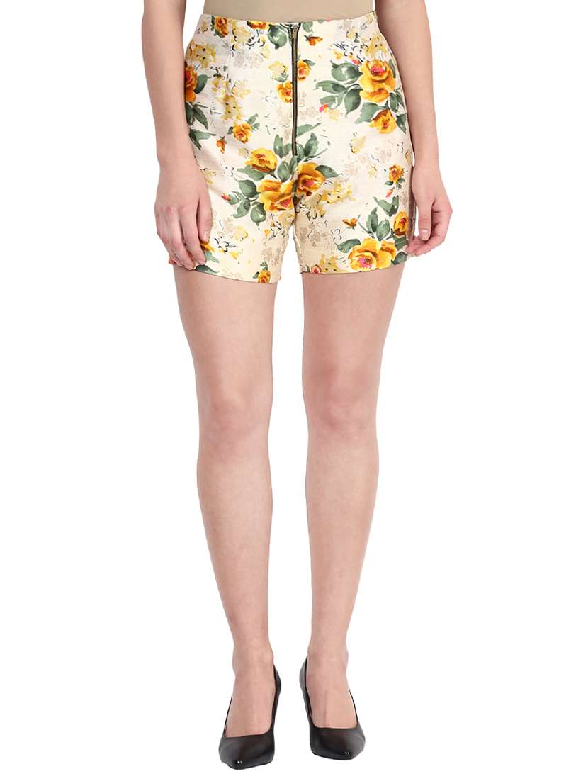 zip-up front floral shorts