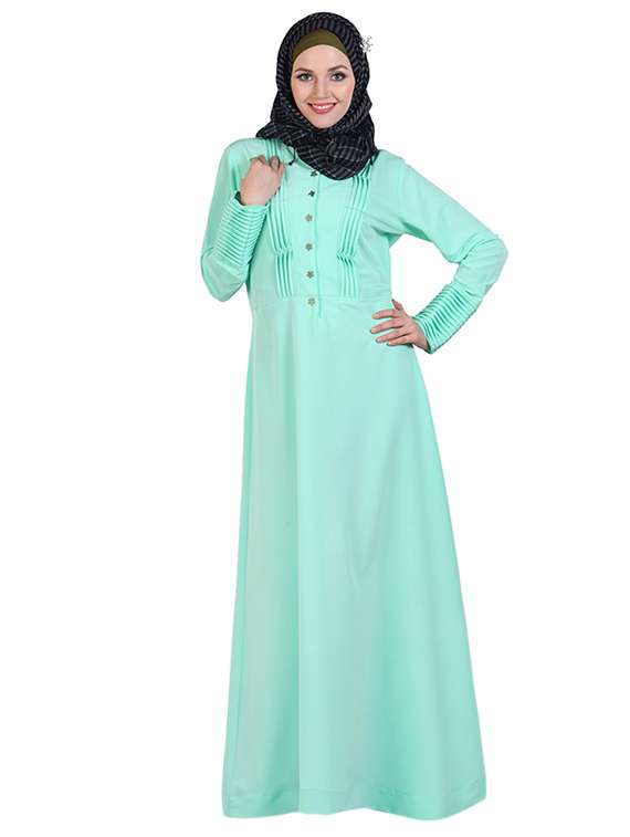 pleated light aquamarine full sleeved abaya