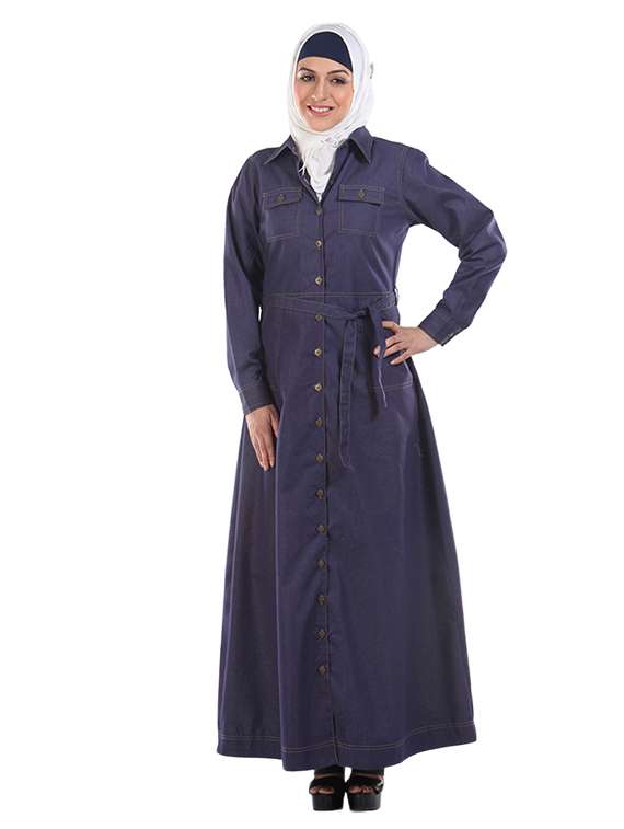 navy blue full front buttoned denim abaya