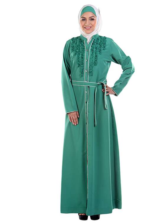 green koshibo abaya with waist belt
