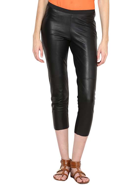 genuine leather and lycra solid black capri