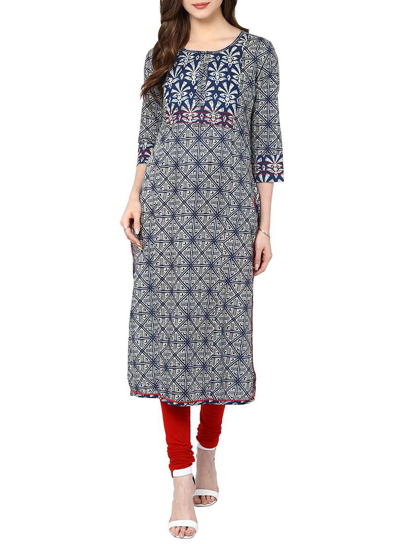 indigo and white printed cotton kurta