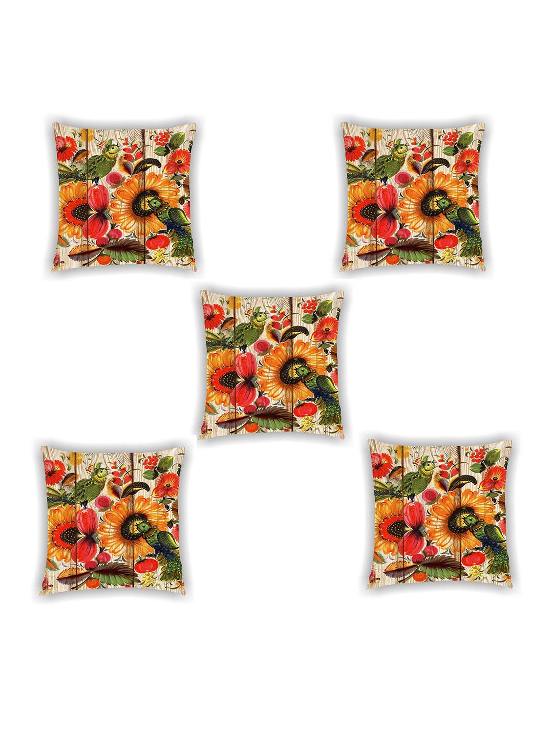 beige satin floral print cushion covers (set of 5)