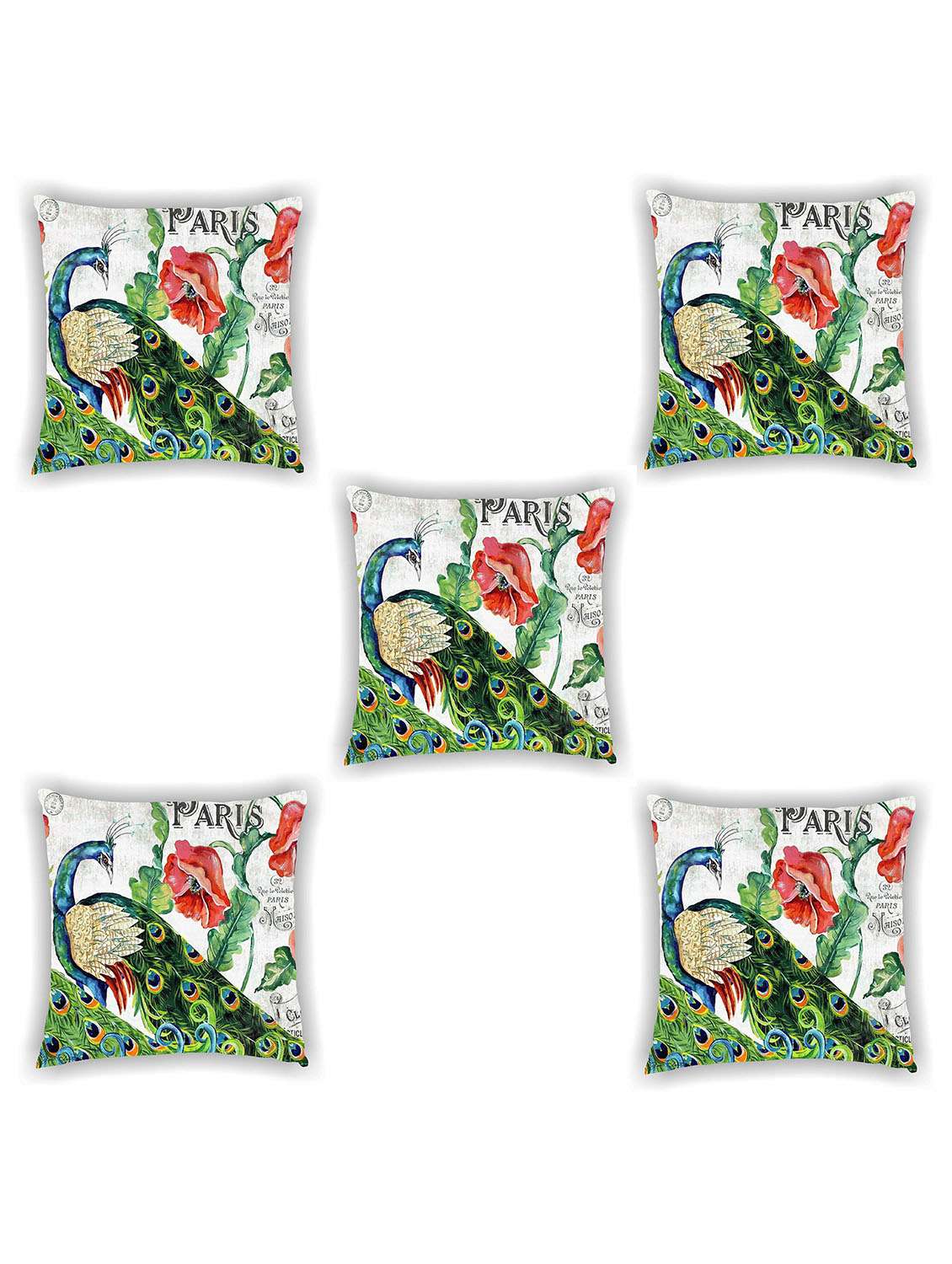 multi coloured satin peacock print cushion cover (set of 5)