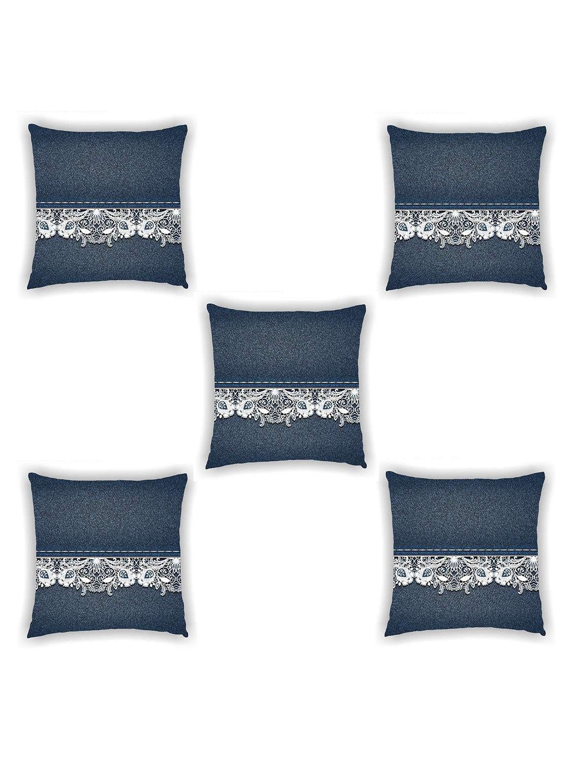 navy blue satin laced cushion cover (set of 5)