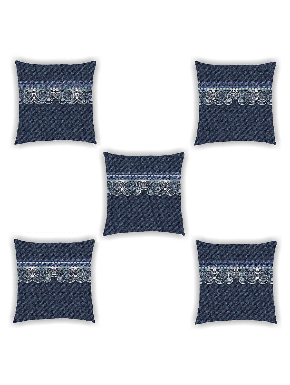 navy blue satin laced cushion cover (set of 5)