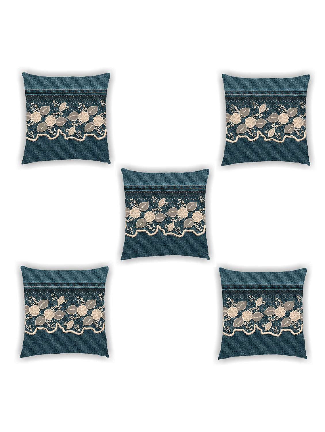 navy blue satin laced cushion cover (set of 5)