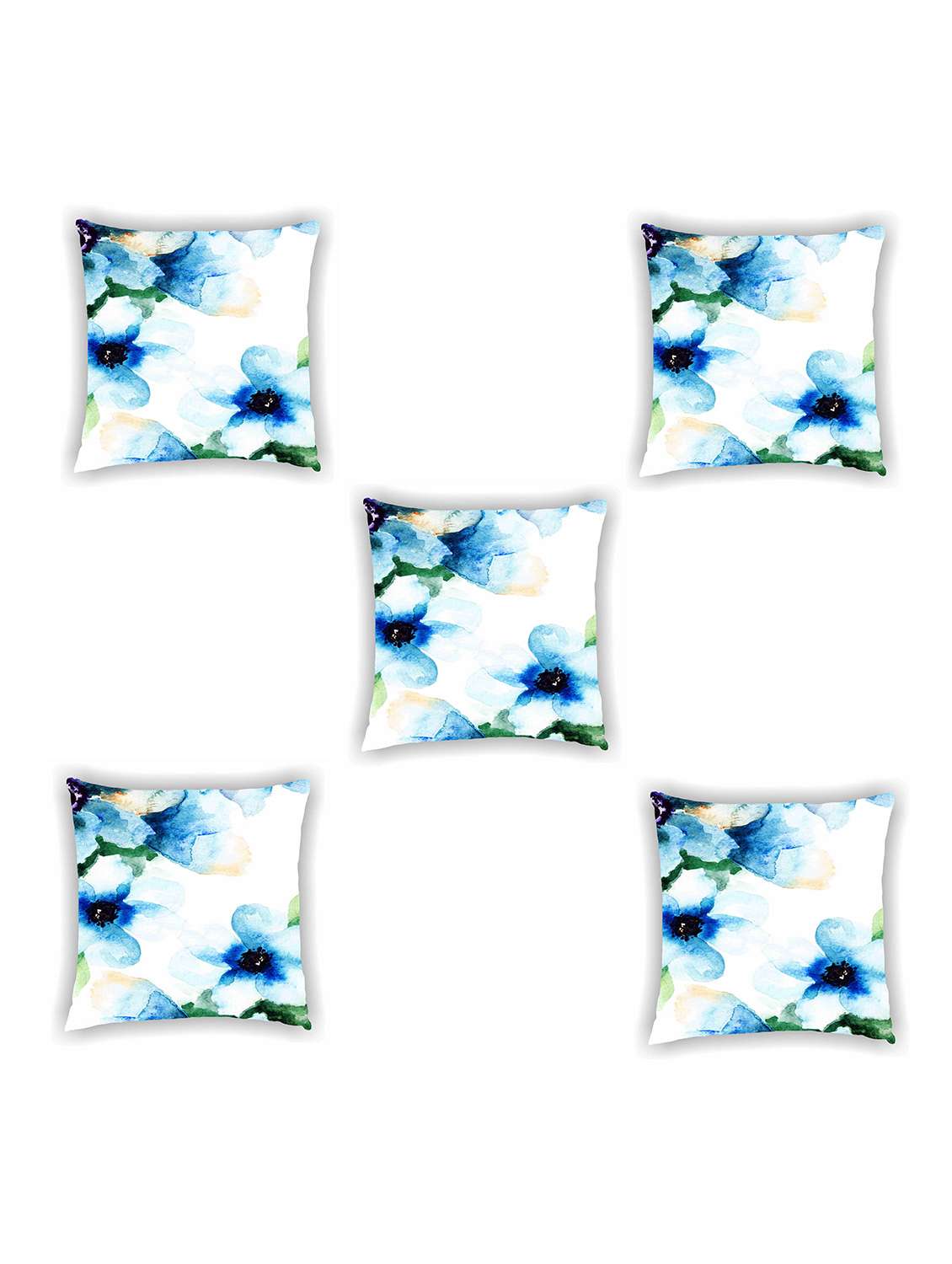 white and blue floral print satin cushion cover (set of 5)