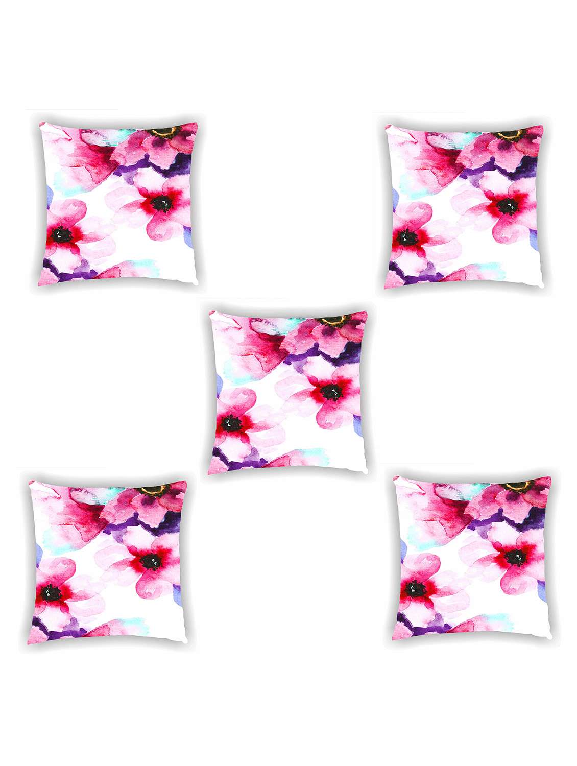 white and pink satin floral print cushion cover (set of 5)