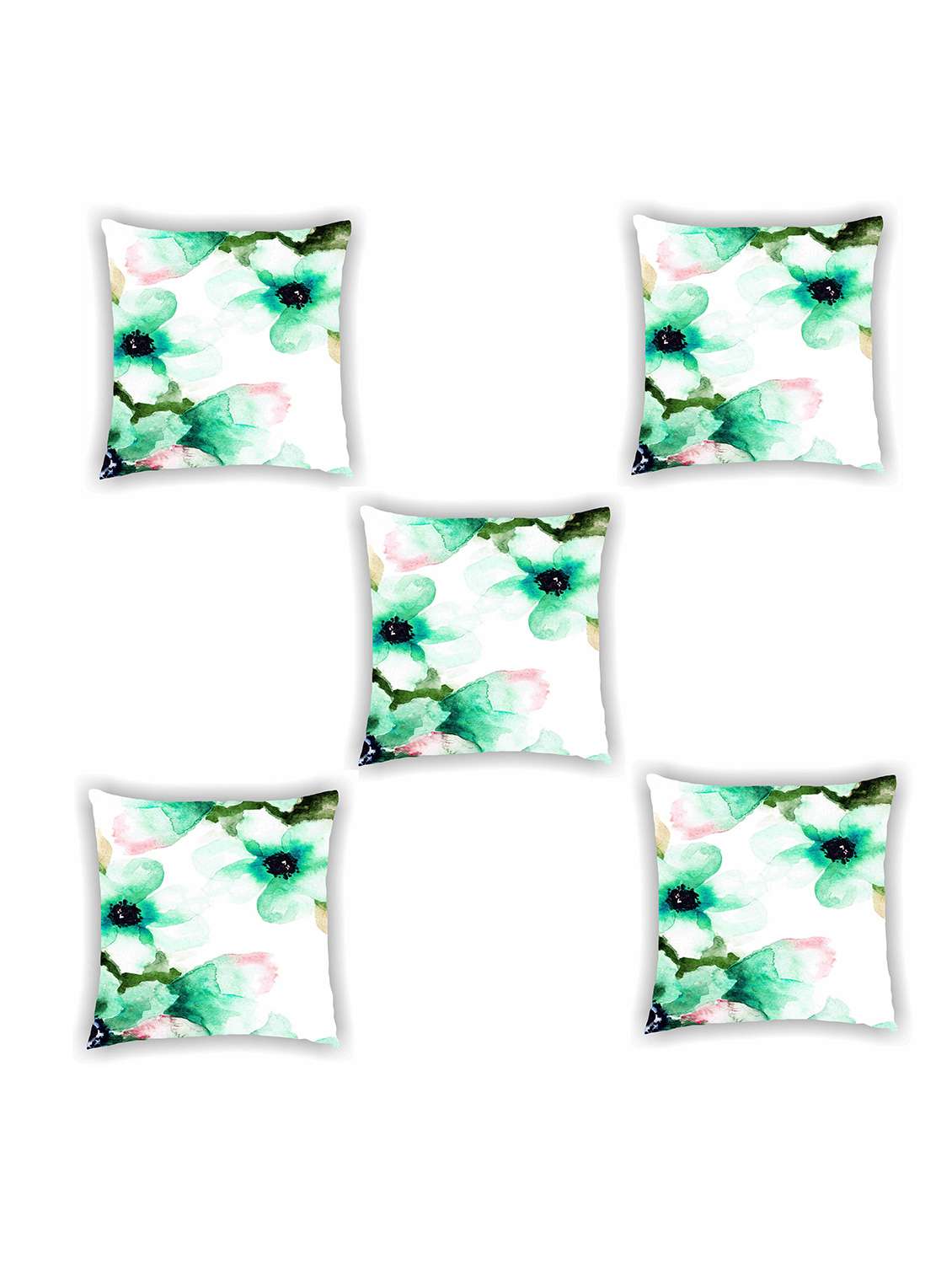 white and green satin floral print cushion cover (set of 5)