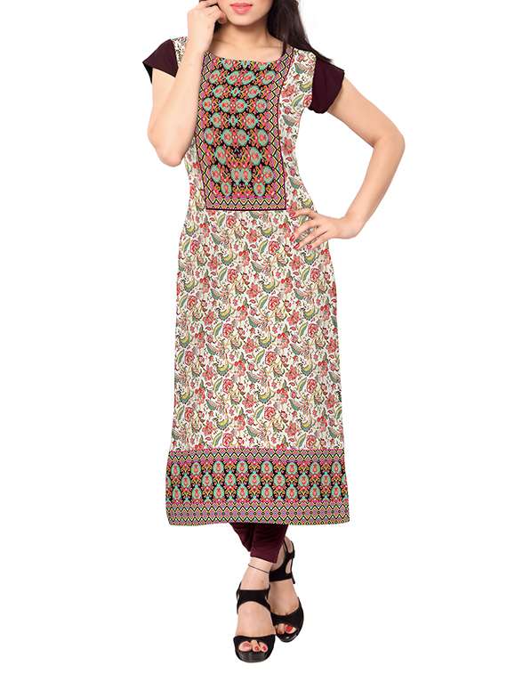 Beige faux crepe printed long kurta