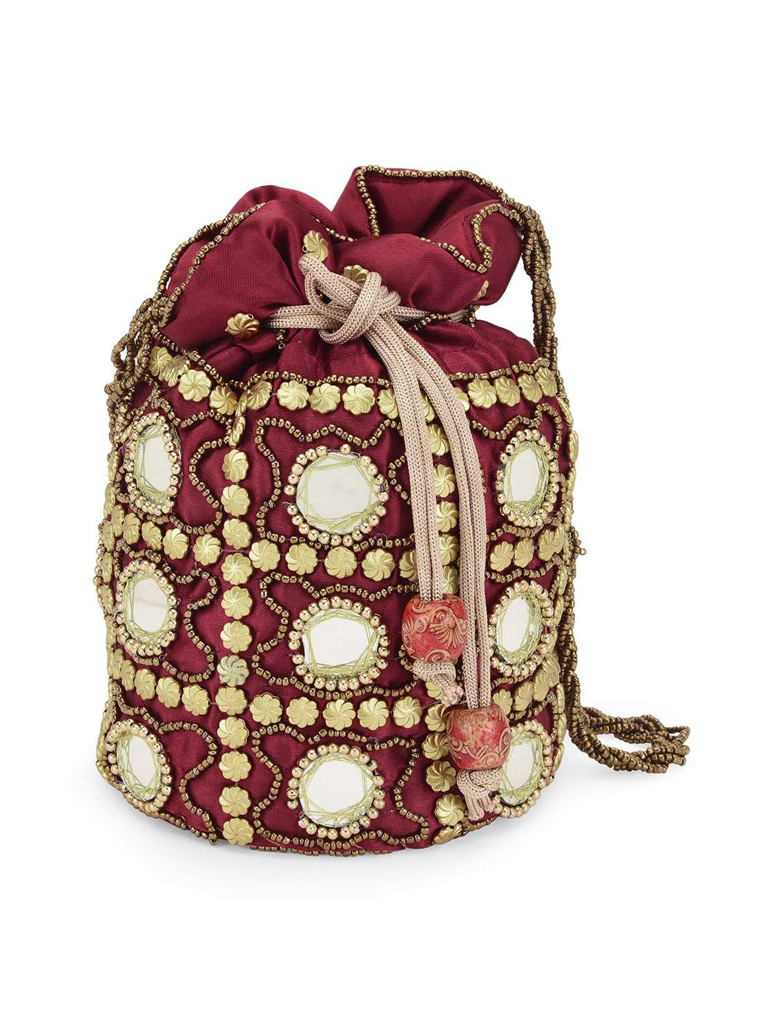 maroon mirror work satin potli bag