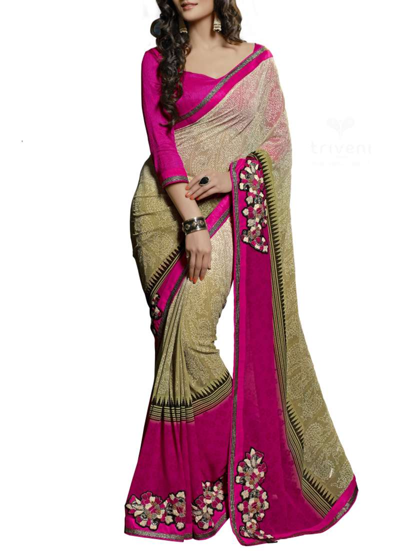 beige faux georgette embroidered saree with blouse