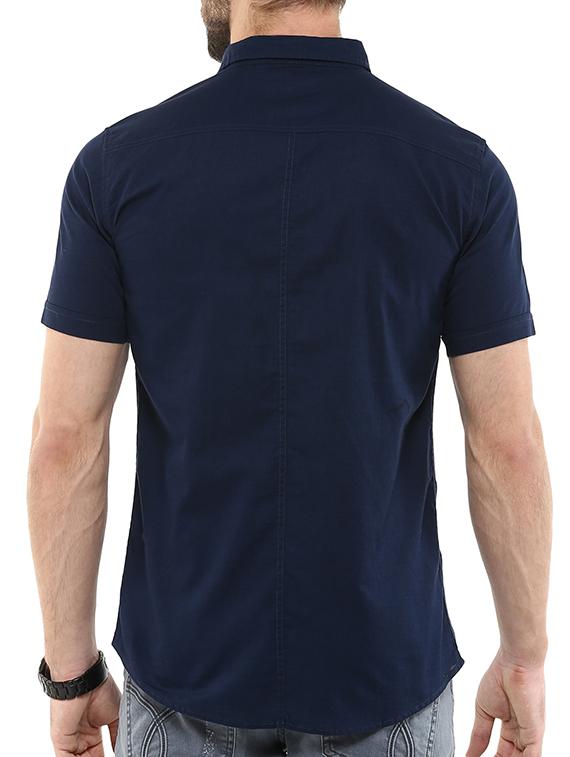 solid navy blue cotton casual shirt - 11216504 - Standard Image - 2