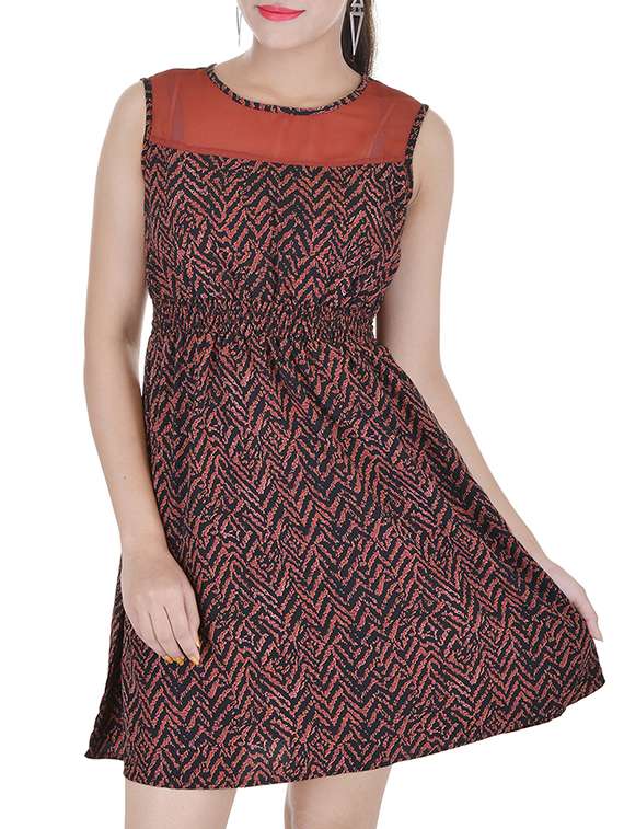 brown poly crepe blouson dress