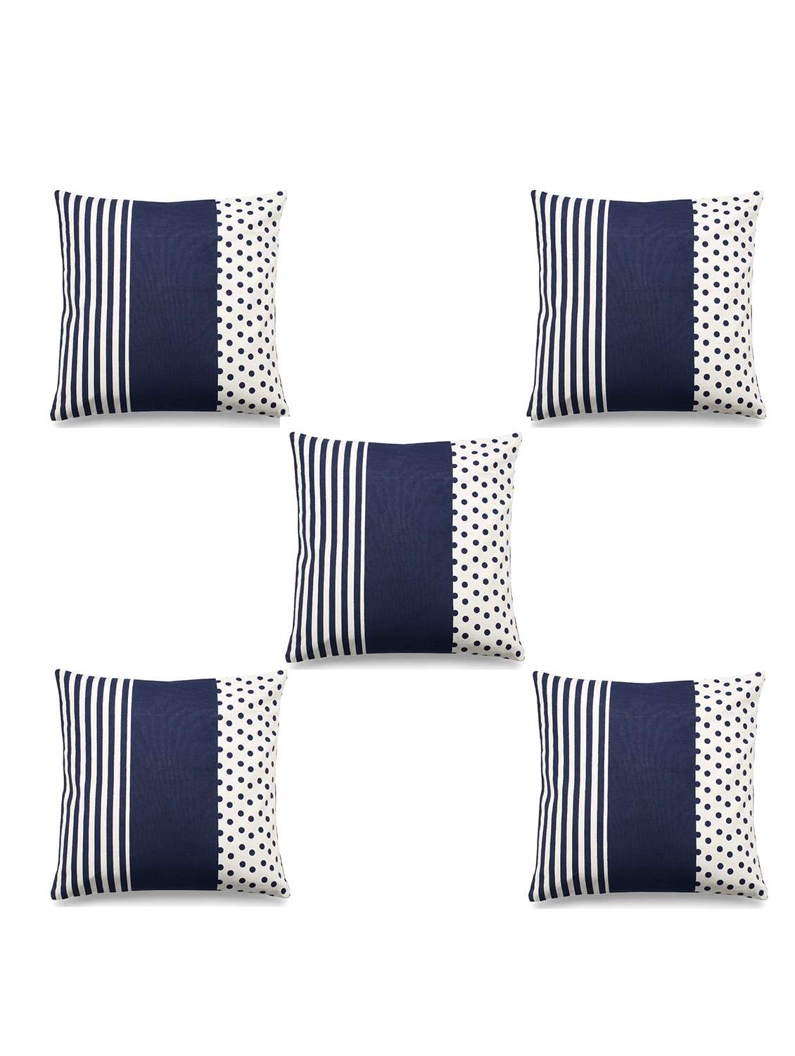 white and navy blue satin printed cushion cover (set of 5)