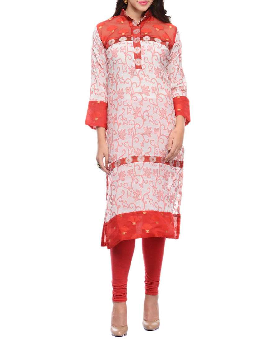red cotton embellished banarasi long kurta