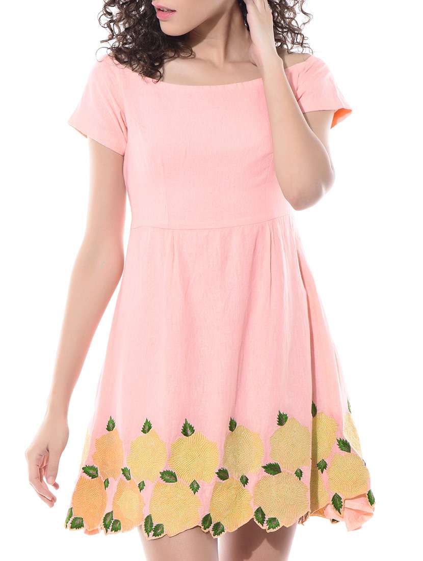 light pink embroidered linen boat neck dress