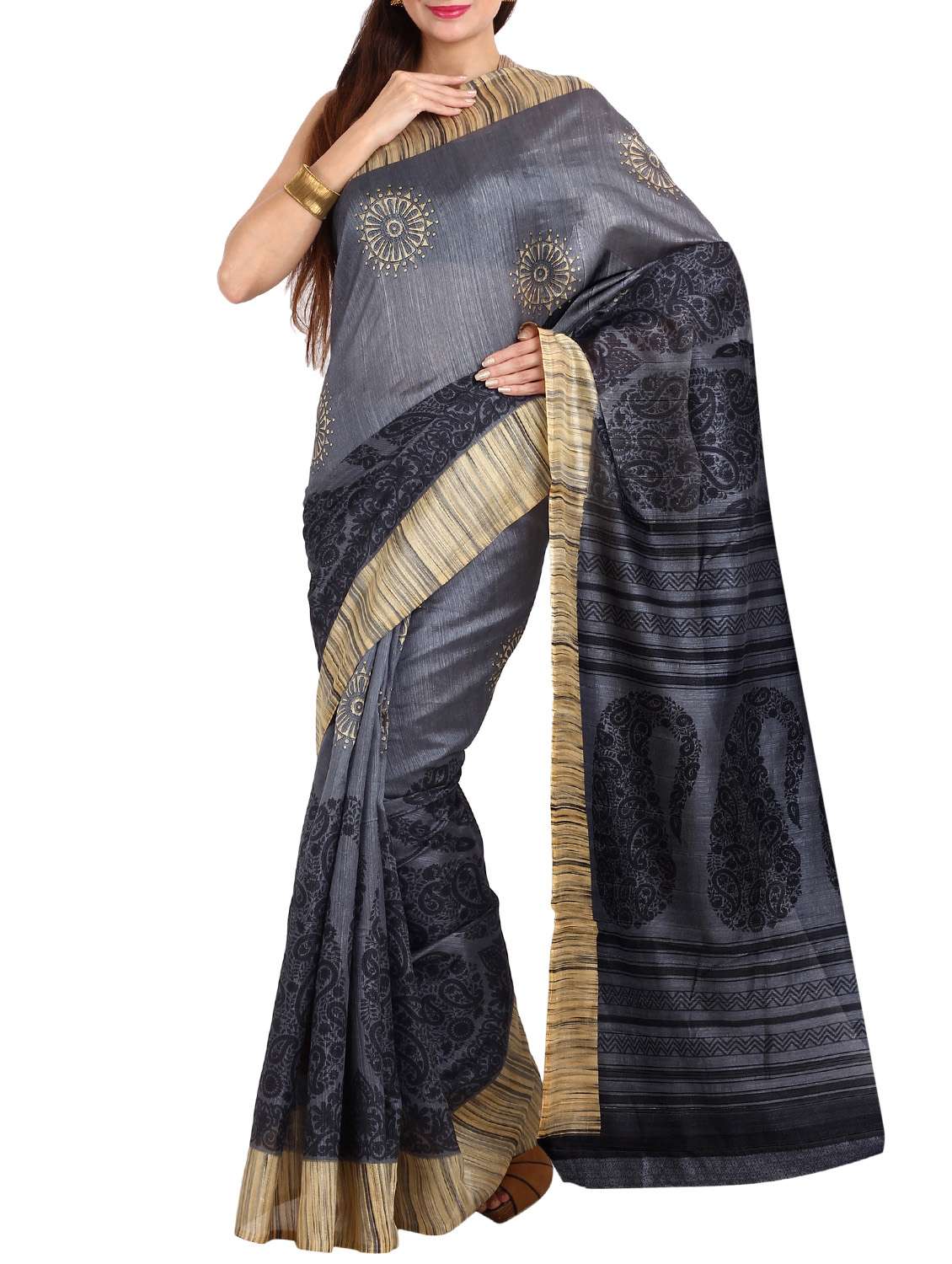 grey art silk printed saree with blouse