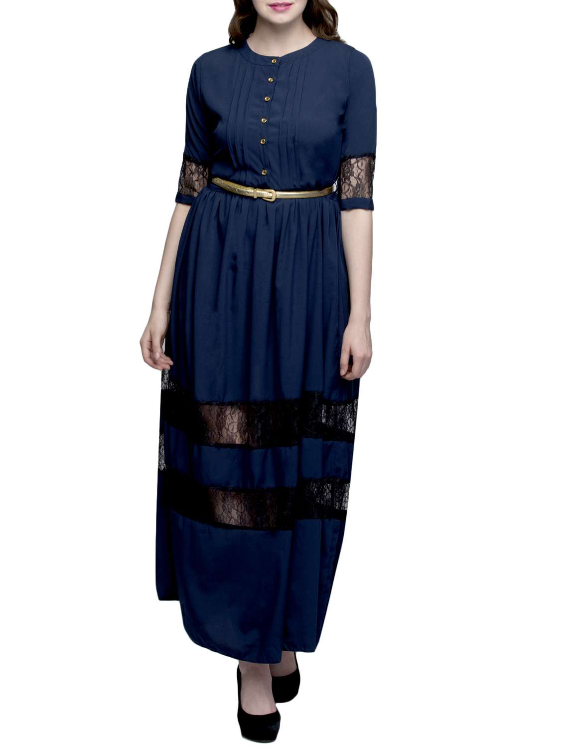 lace insert belted maxi dress