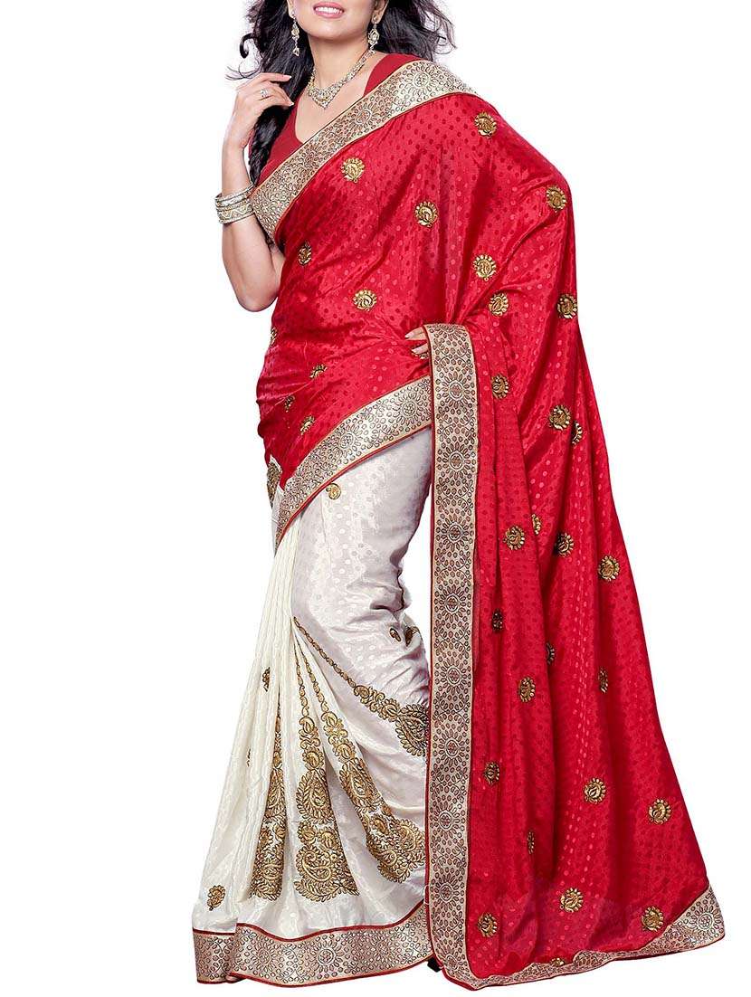 red crepe embroidered  saree with blouse