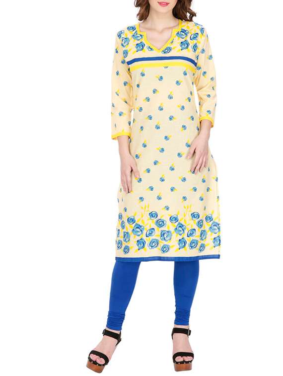 yellow cotton floral print kurta