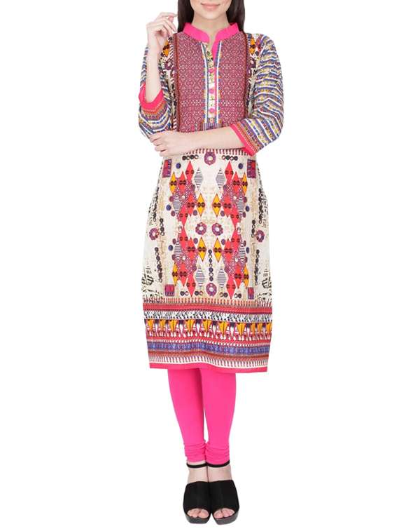 beige printed cotton kurta