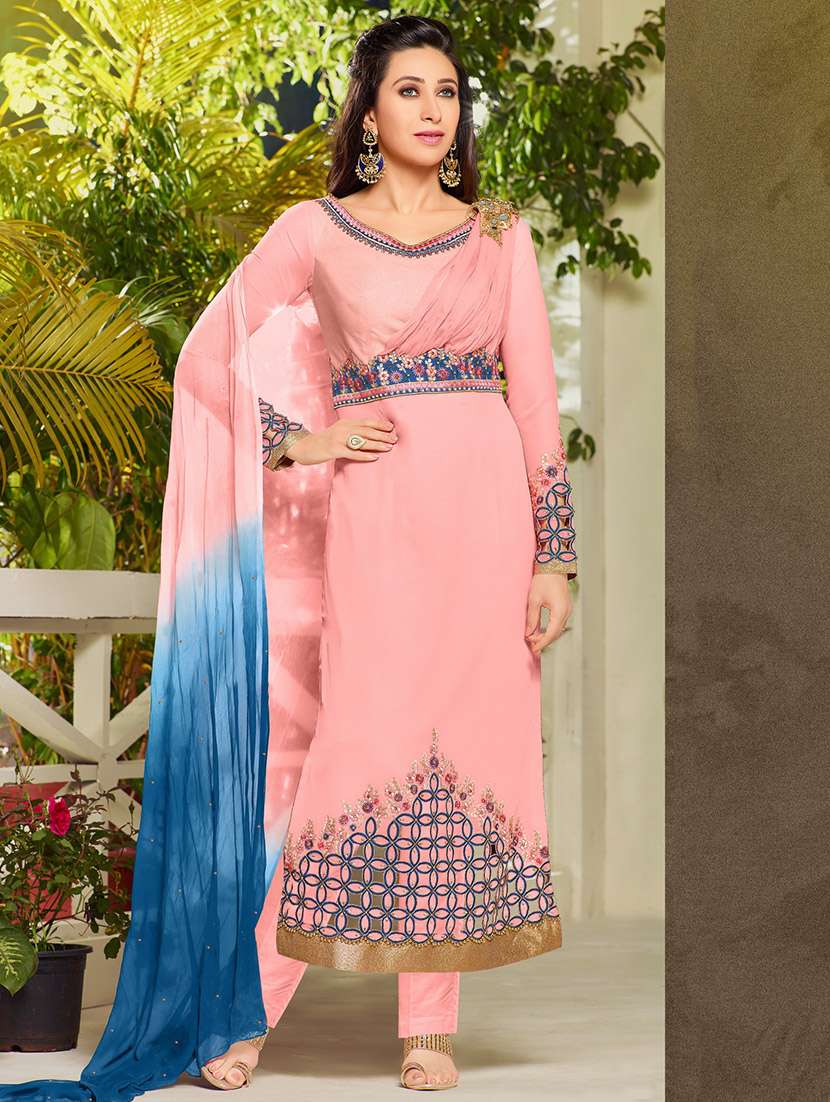 pink embroidered georgette unstitched suit set