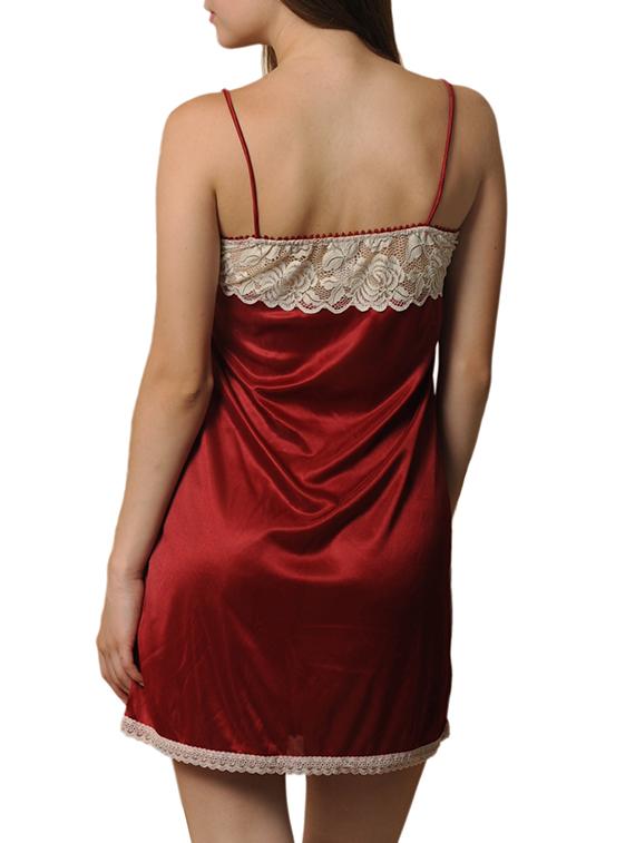 solid maroon laced satin night dress - 11324239 - Standard Image - 2