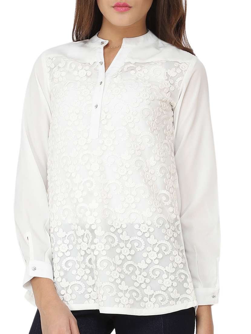 embroidered band collar top