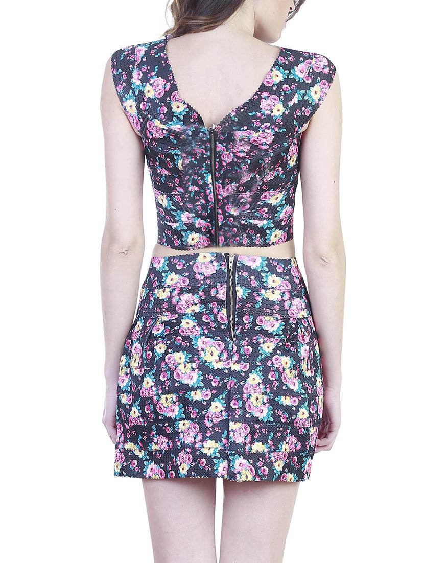 navy blue floral printed viscose crop top and skirt set - 11355749 - Standard Image - 2