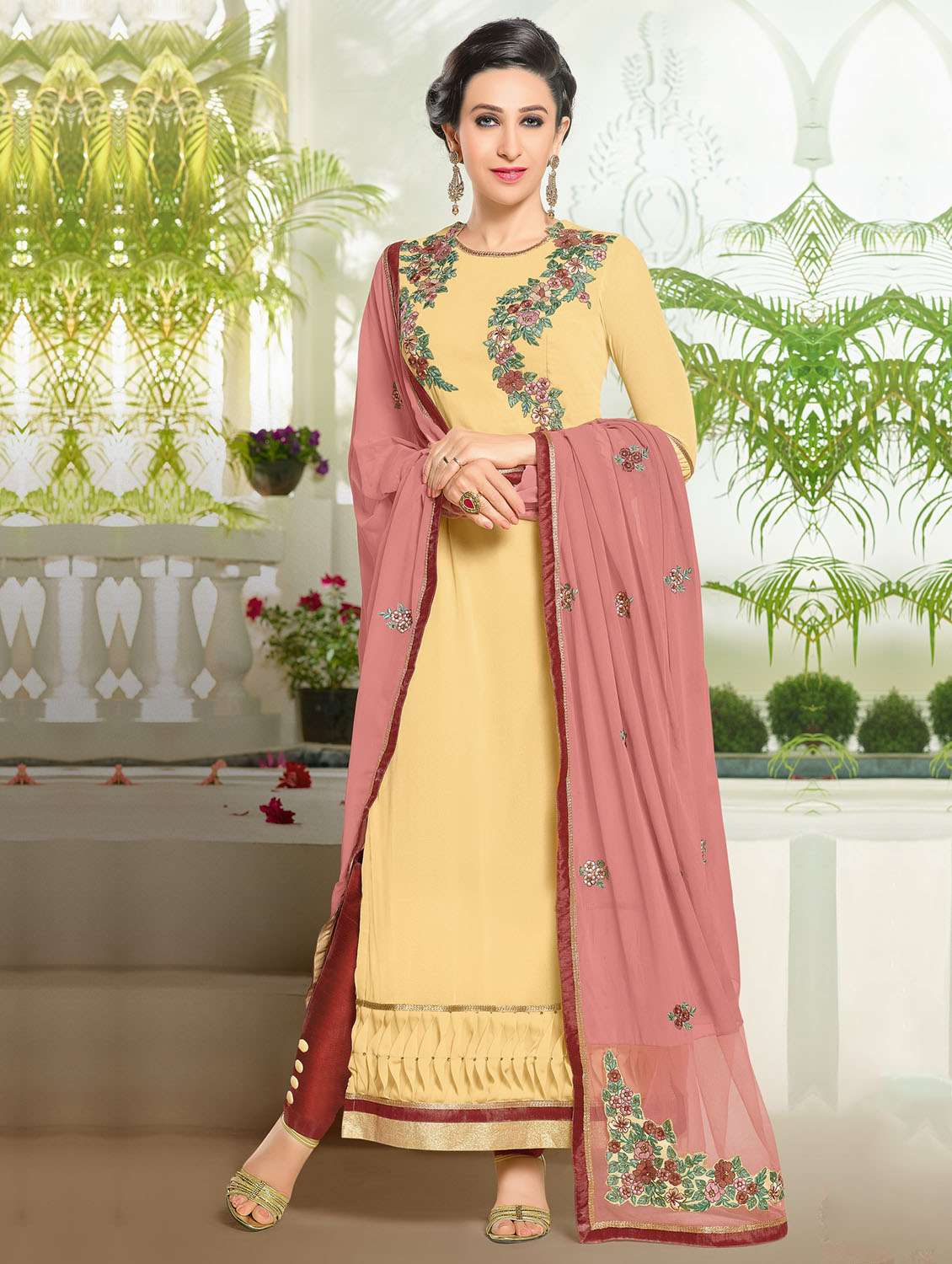 pale yellow floral embroidered georgette unstitched suit set