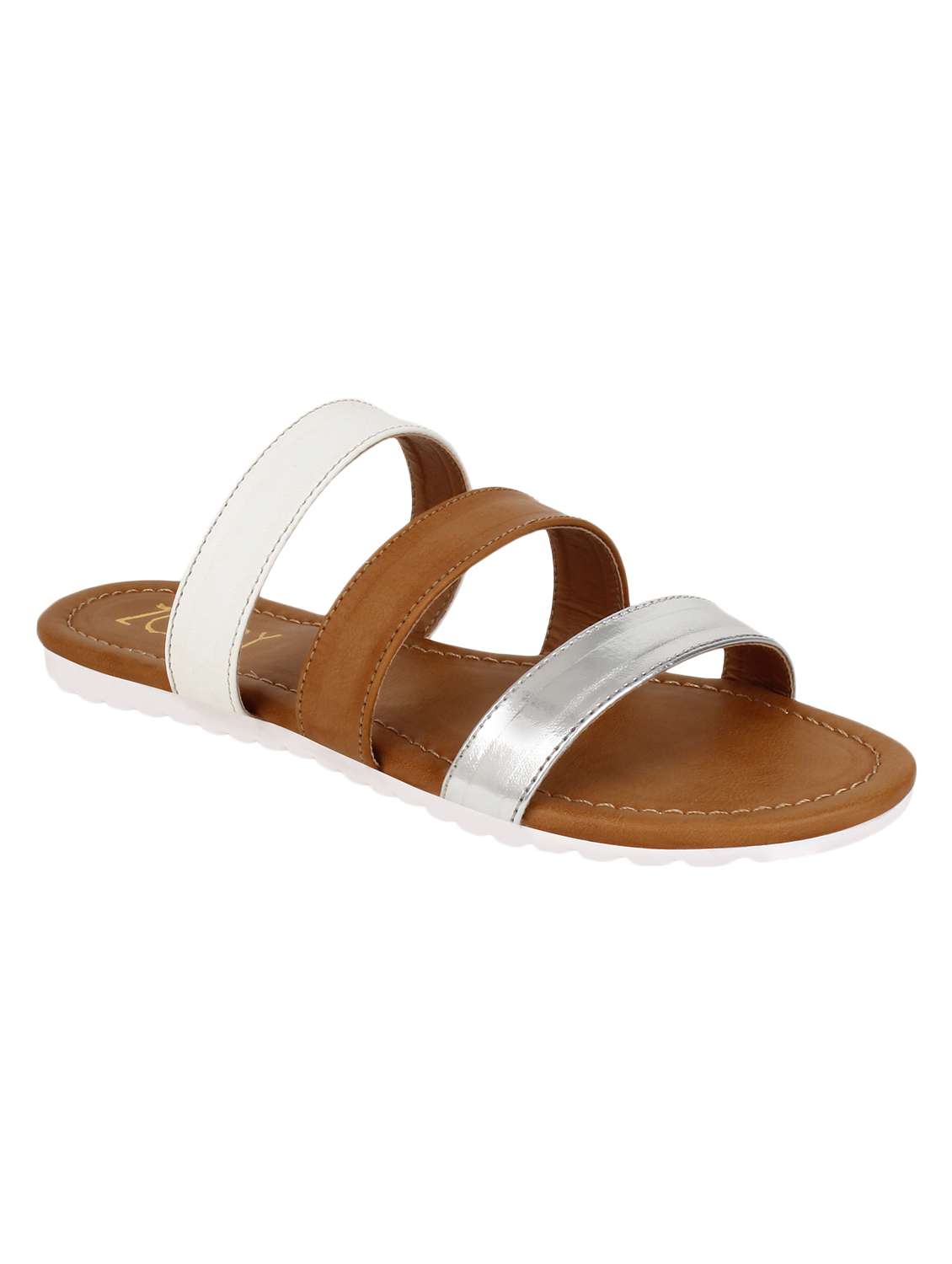 silver faux leather slip on sandals