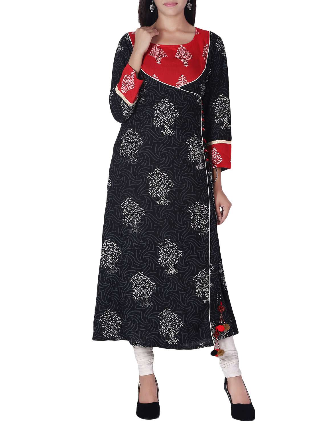 black rayon printed angrakha kurta