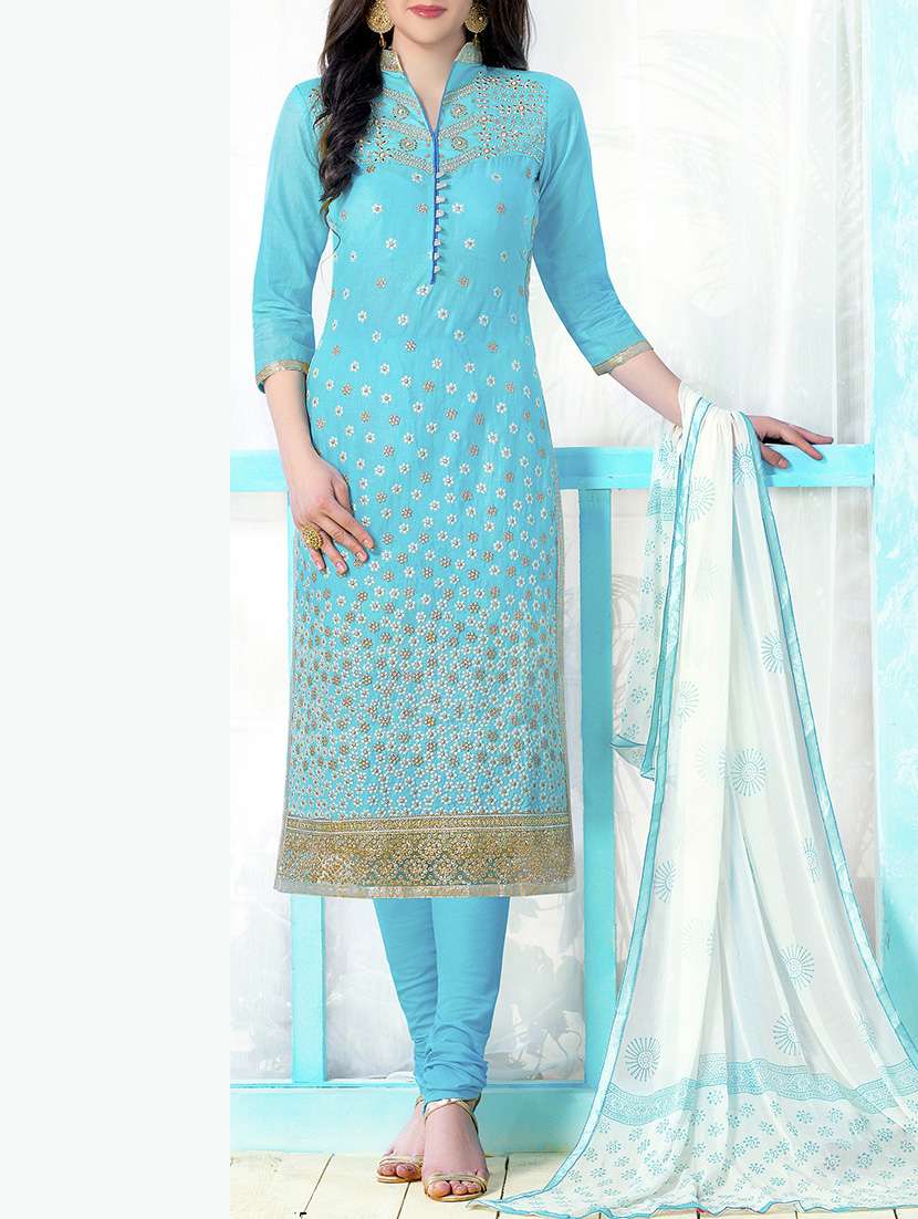 blue cotton unstitched churidaar suit