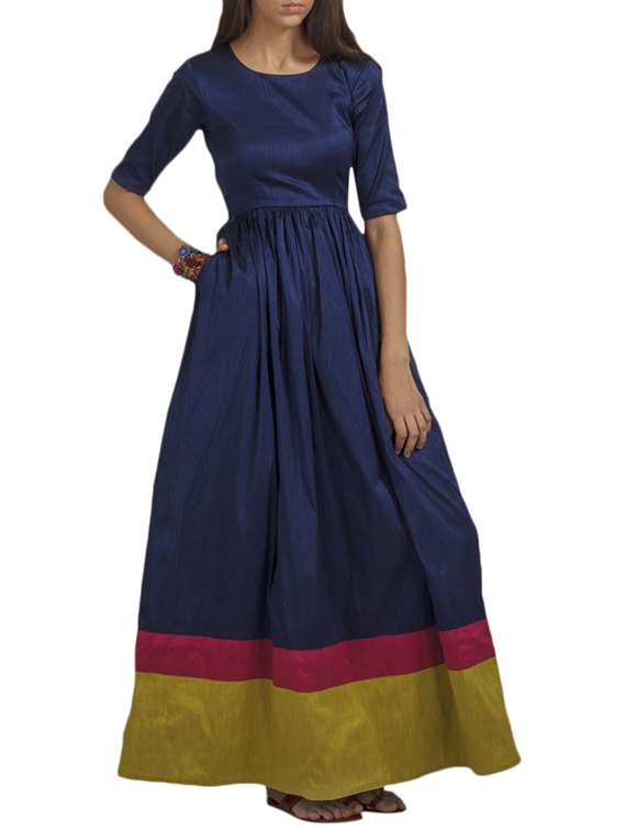 Navy blue raw silk maxi dress