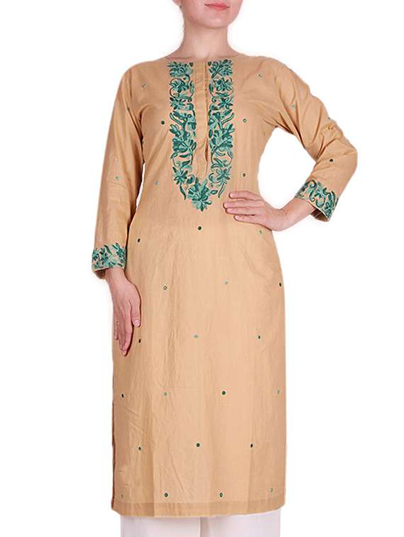 Beige embroidered cotton kurta