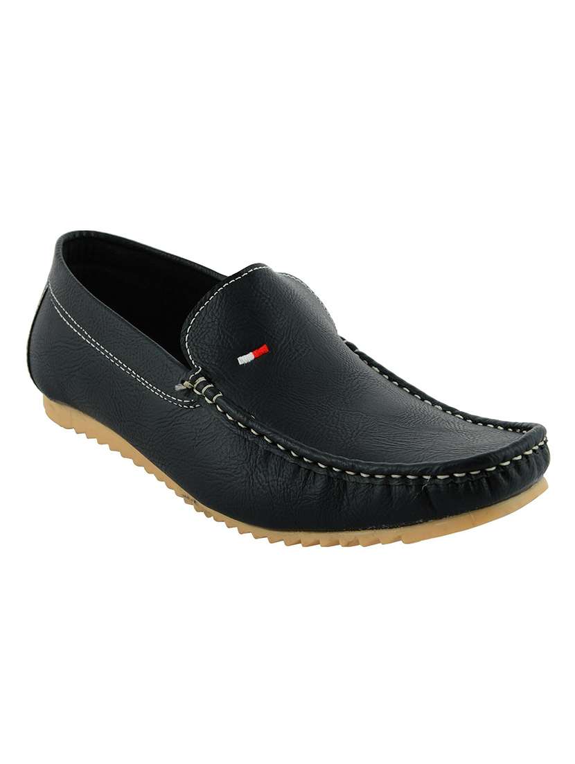 black synthetic slip on loafers