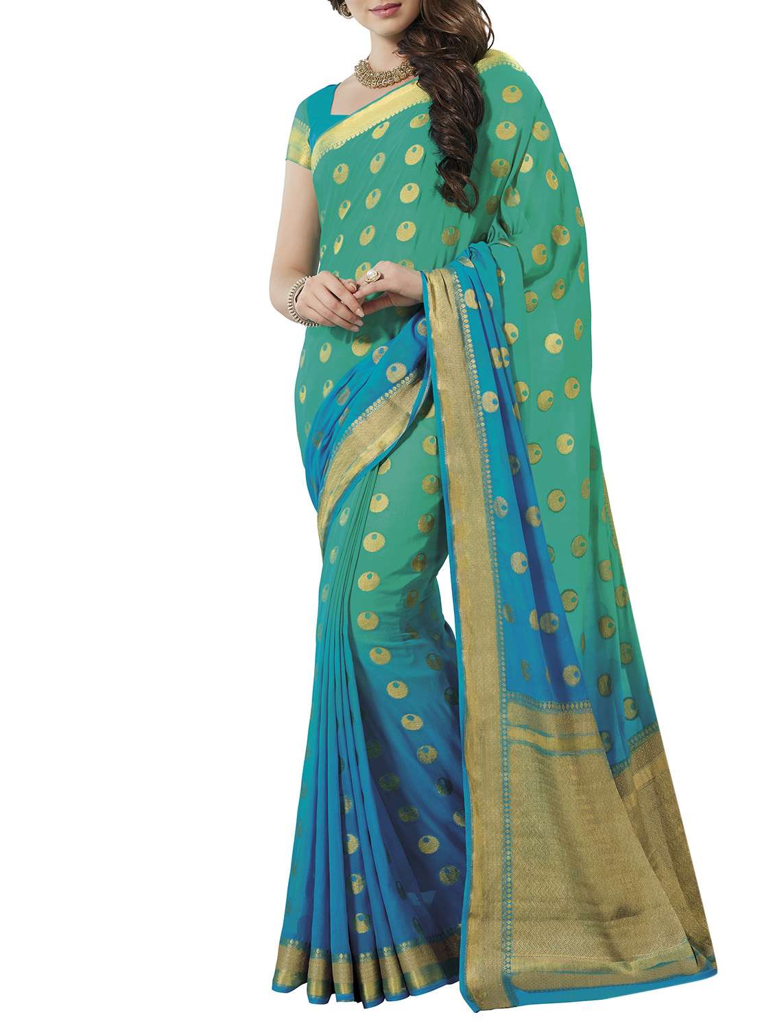 green silk blend woven saree with blouse