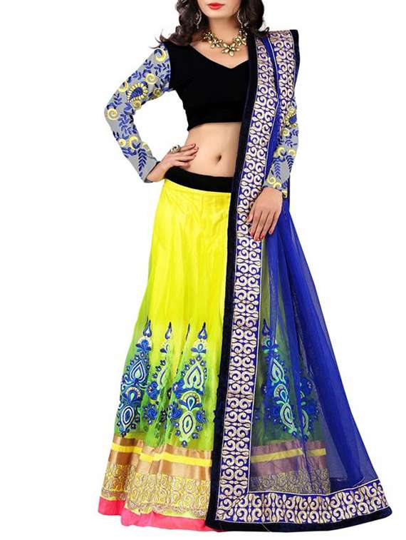yellow embroidered cotton blend lehenga