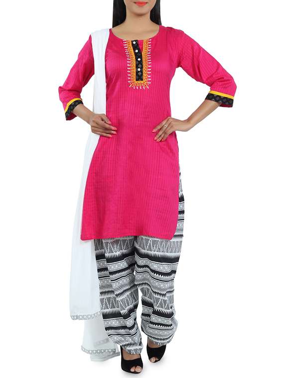 embroidered yoke pink suit set