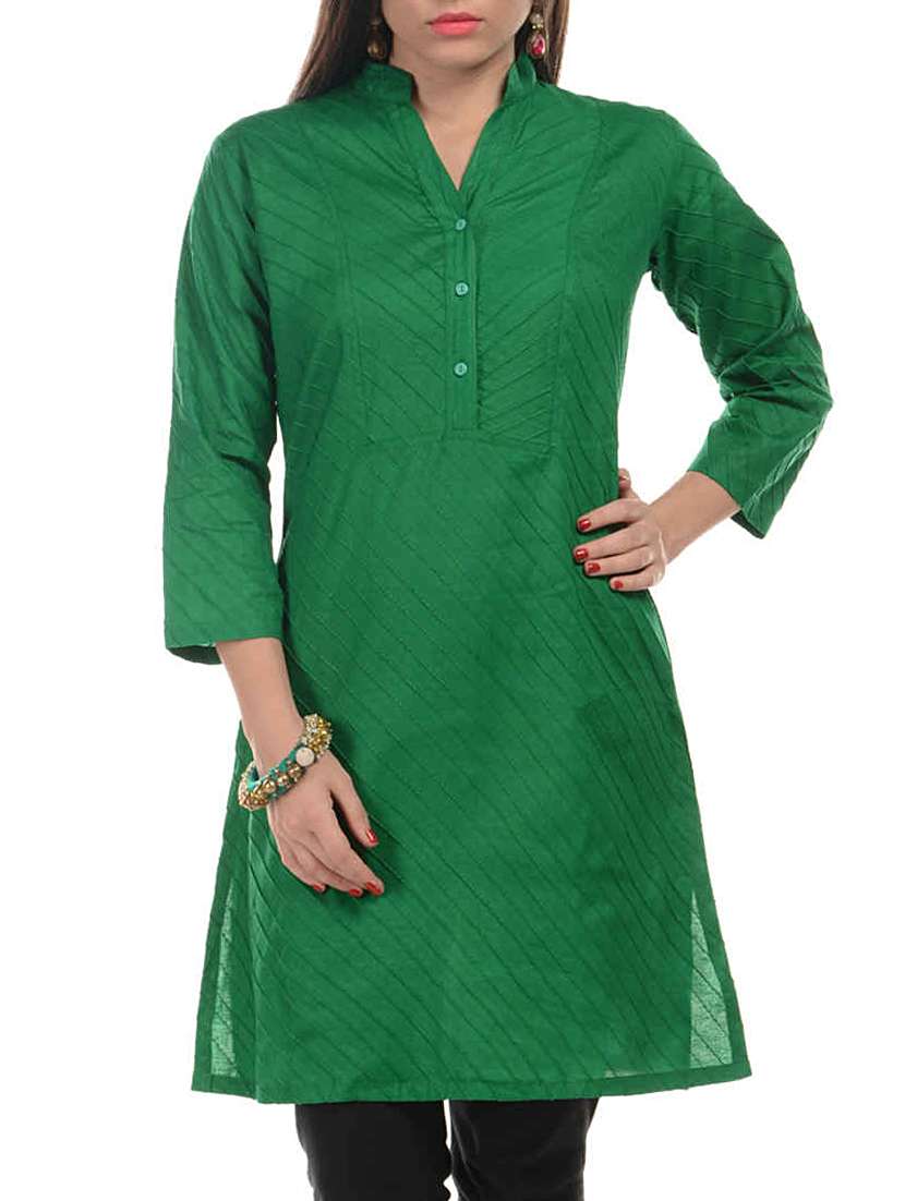 green cotton solid kurta